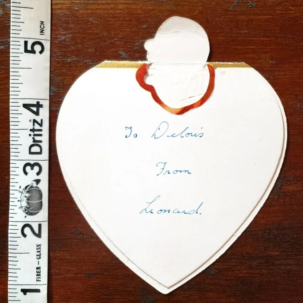1940's Die Cut HEART SHAPE GIRL HOLDING CAGE Valentine's Day Card